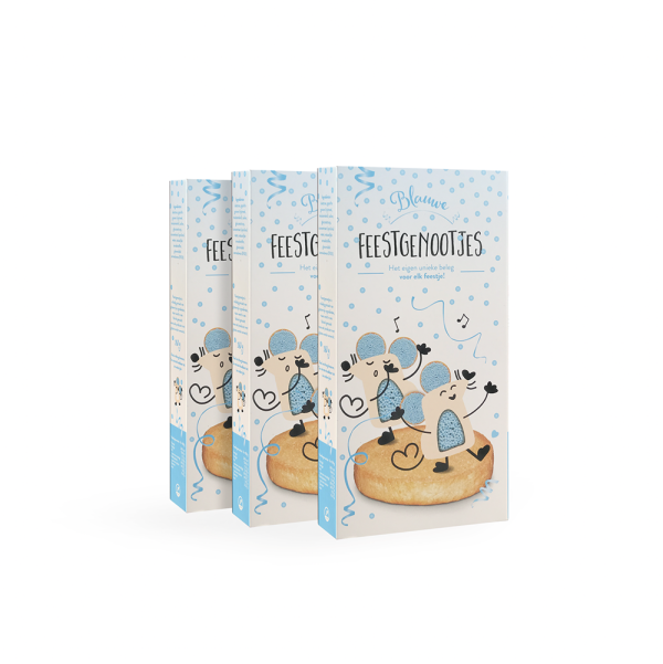 Blauwe Feestgenootjes 3-pack – gepersonaliseerde geboortemuisjes van Stadsgenootjes