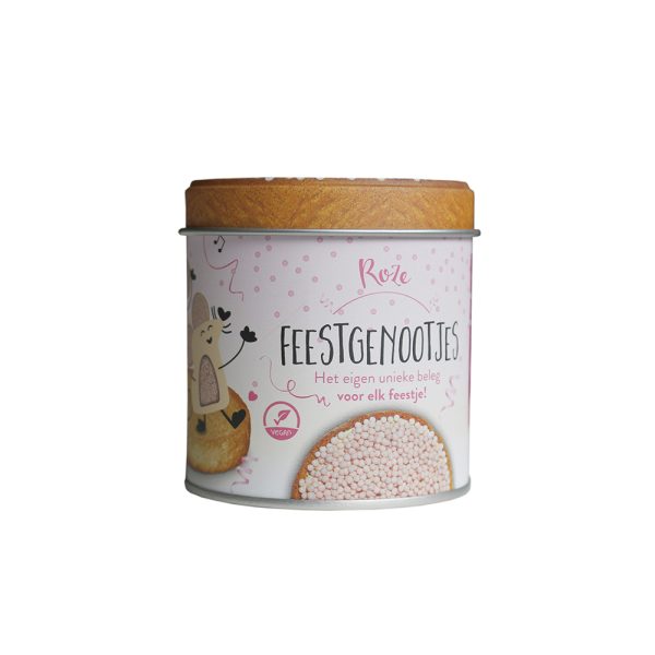 Roze Feestgenootjes geboorteblik (gevuld met roze strooisel) – gepersonaliseerde geboortemuisjes van Stadsgenootjes