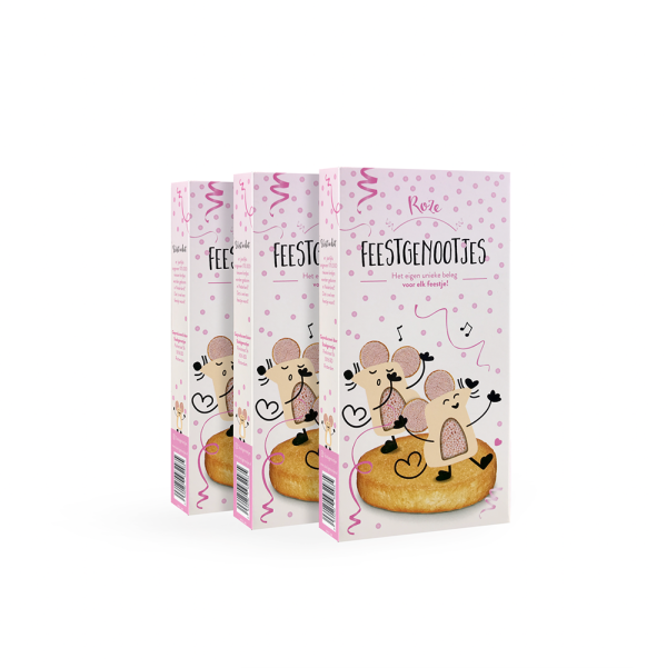 Roze Feestgenootjes 3-pack – gepersonaliseerde geboortemuisjes van Stadsgenootjes